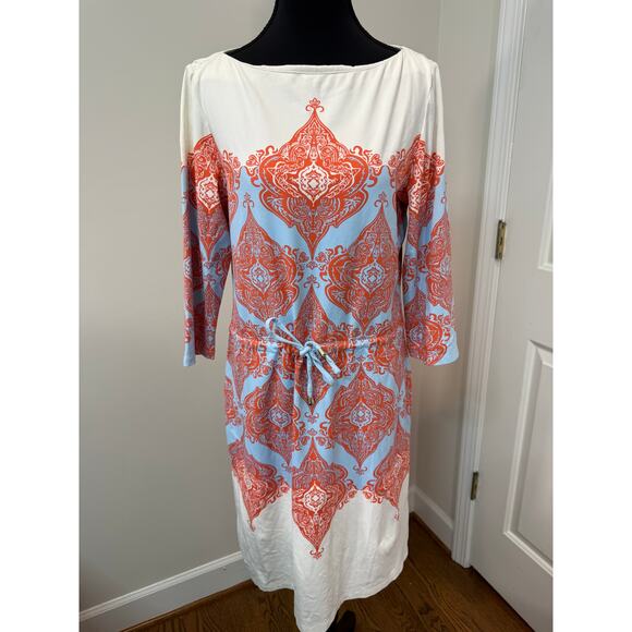J. McLaughlin Drawstring Dress in Orange/Blue Damask on White Background - Picture 1 of 2